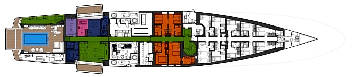 Unterdeck: Die vier Kabinen verfügen über Pullman-Betten und werden im Charterbetrieb von der Crew 
belegt, die sonst davor wohnt.