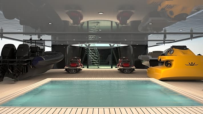   Atriumlook: Die Heli-Landungen bieten Flugshow-Spaß (oben). Eigner und Gäste poolen auf dem Hauptdeck zwischen Toys. 