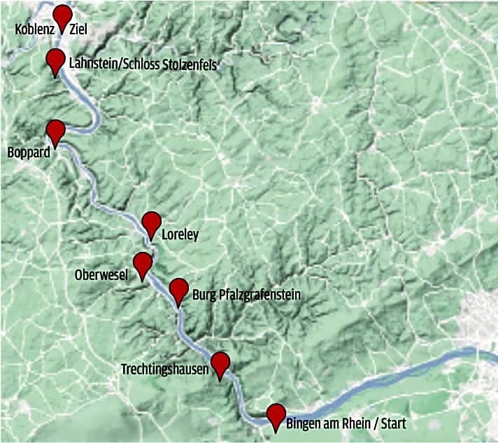 Die SUP-Tour Mittelrhein führt von Bingen nach Koblenz