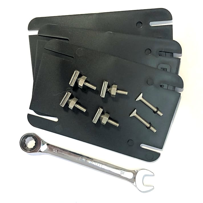 Das Foilmount Trimmsystem Set besteht aus stapelbaren Platten, speziellen Schrauben und Schraubenschlüssel.