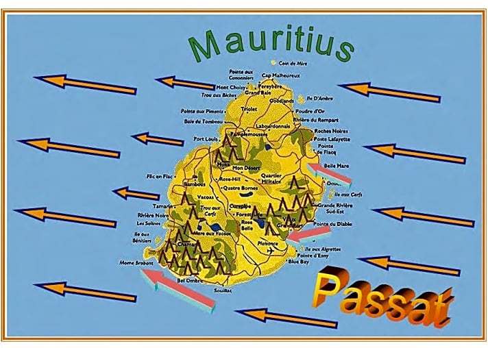 Die blaurosa Pfeile zeigen, wo der Grundpassat rund um Mauritius durch topgrafische Besonderheiten getunt wird. Besonders Le Morne im Süden profitiert vom Leitplanken-Effekt der Berge.
