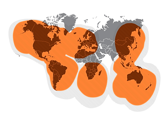 Weltweite Abdeckung des Globalstar-Satellitennetzwerks (orange: gute Verbindung, grau: eingeschränkter Empfang)