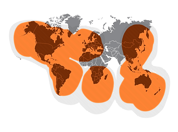 Worldwide coverage of the Globalstar satellite network (orange: good connection, gray: limited reception)