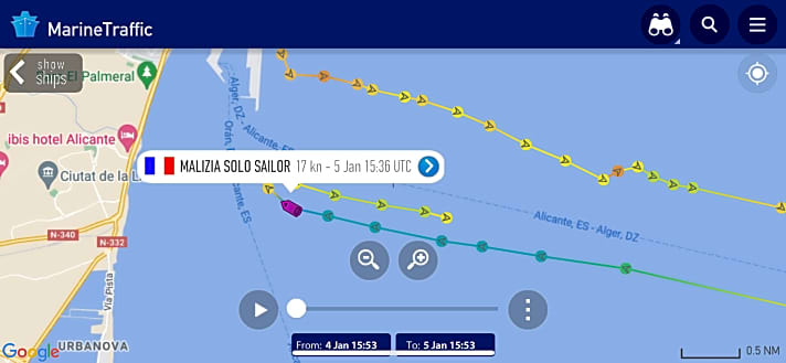 MarineTraffics Kursdaten vom ersten Testschlag der “Malizia – Seaexplorer” gestern Nachmittag vor Alicante