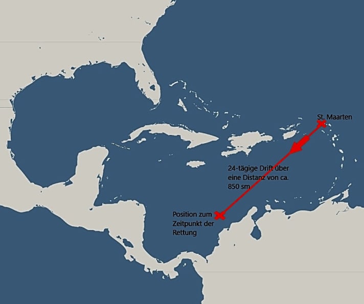 Die Karte zeigt die zurückgelegte Distanz, die der Schiffbrüchige mit dem Boot zurückgelegt hat – zumindest, wenn er auf halbwegs geradem Kurs getrieben sein sollte