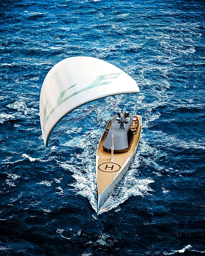   "ICE Kite": Ein 160 Quadratmeter großer Kite entlastet den Dieselantrieb, der für sich genommen eine Vmax von 17,4 Knoten erbringt. 