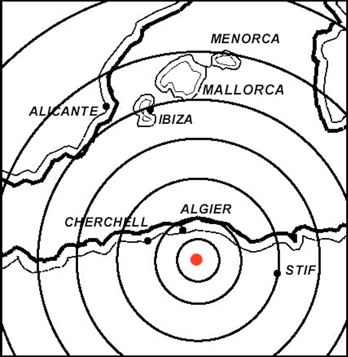   Ausdehnung des Erdbebens vom Epizentrum zu den Balearen 