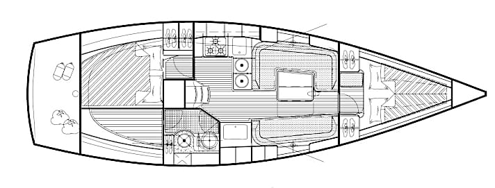   Vilm 37/115 Innenlayout: Zwei Kabinen, eine Nasszelle im Standard. Varianten sind machbar