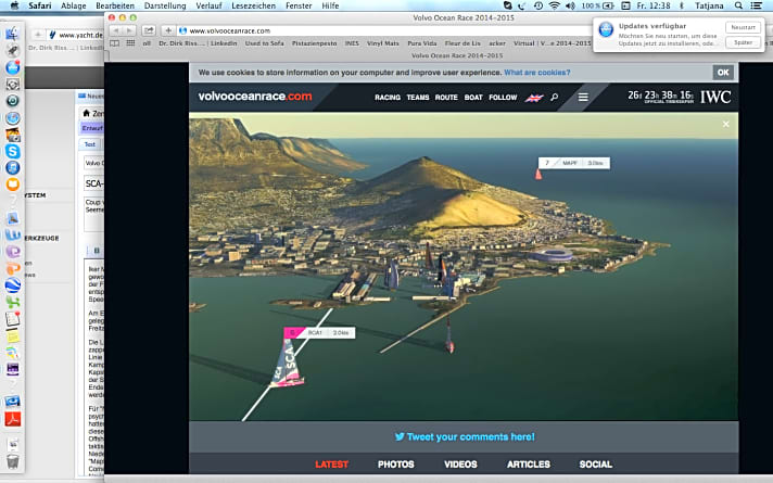   Ein gruseliger Moment aus Sicht der "Mapfre"-Crew: Die Frauen-Mannschaft SCA kreuzt die Ziellinie vor Kapstadt, während die Spanier (oben rechts im Bild) immer noch versuchen, sich aus dem Windloch vor der Küste zu befreien