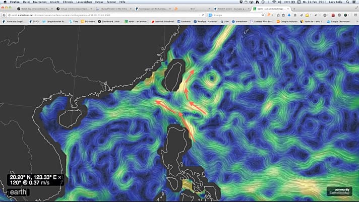   Die aktuelle Strömungssituation an der Nordspitze der Philippinen