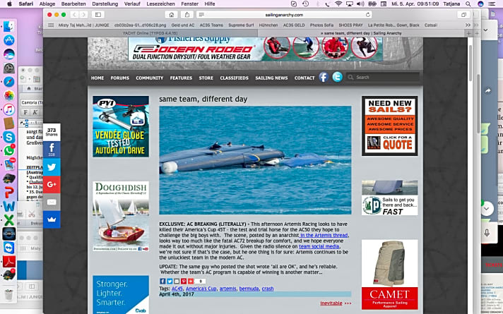   Mit diesem Bild eines Augenzeugen berichtet der Segel-Blog "Sailing Anarchy" von der Artemis-Kenterung am Mittwoch