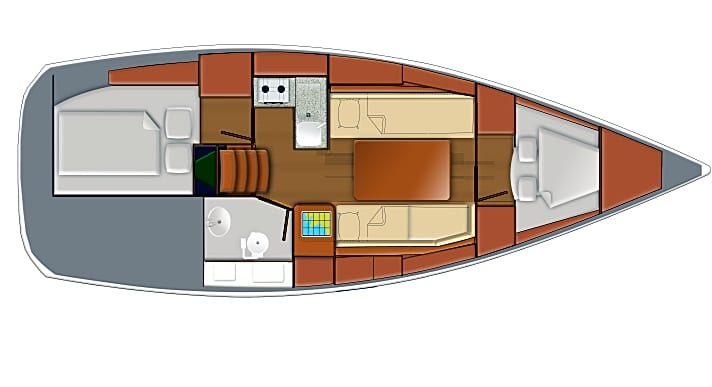   Sun Odyssey 319: Layout mit zwei abgetrennten Kabinen und insgesamt sechs Kojenplätzen