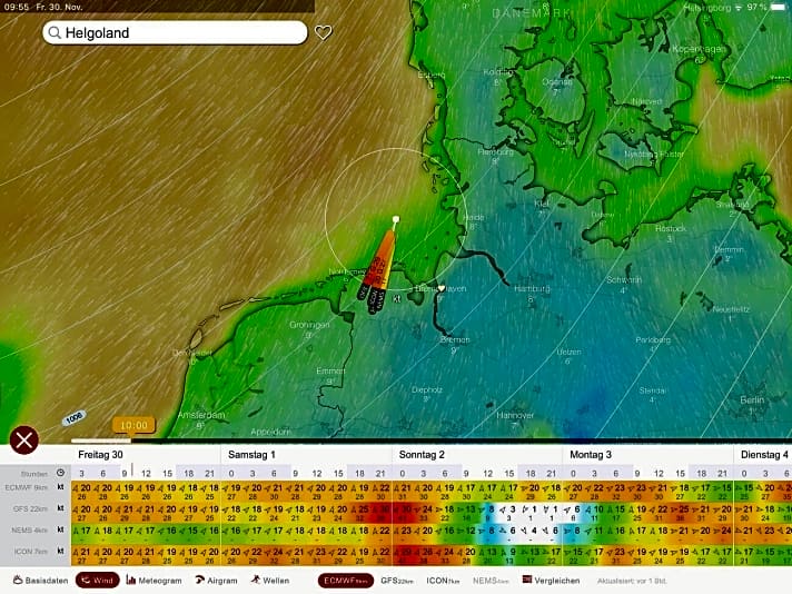   Windy-Standard: Vergleich der Windprognosen von verschiedenen Vorhersagemodellen (ECMWF, GFS, ICON, NEMS)