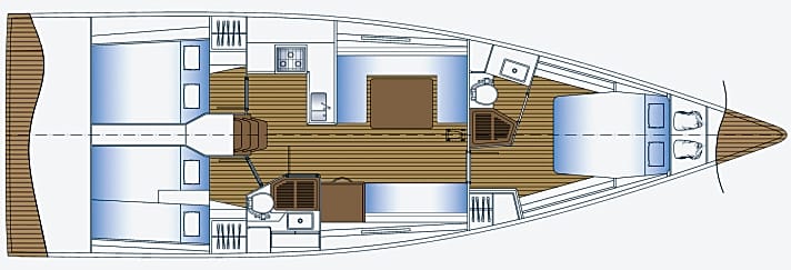   Solaris 44. Die Nasszelle im Vorschiff ist eine Option. Der Standardausbau kommt mit drei Kabinen und einem Bad