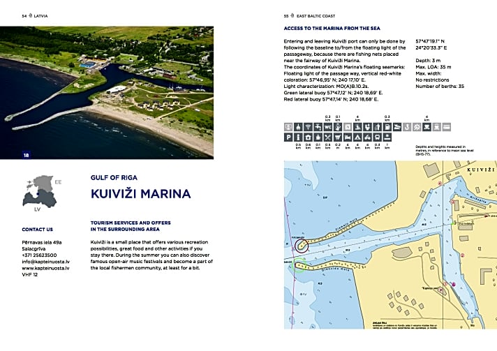   Luftaufnahmen, Seekartenausschnitt und Beschreibung. Für Lettland bietet der Hafenführer Sail Estonia and Latvia eine gute Navigationshilfe