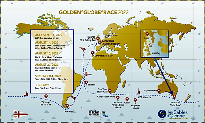   Ausblick auf 2022: Wie das Golden Globe Race 1968 führt auch die heutige Route einmal ohne Stopp um den Globus: immer ostwärts, das Kap der Guten Hoffnung, Kap Leeuwin und Kap Hoorn werden an Backbord passiert