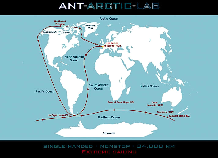   Die Route der "Ant Arctic Lab"-Weltumsegelung