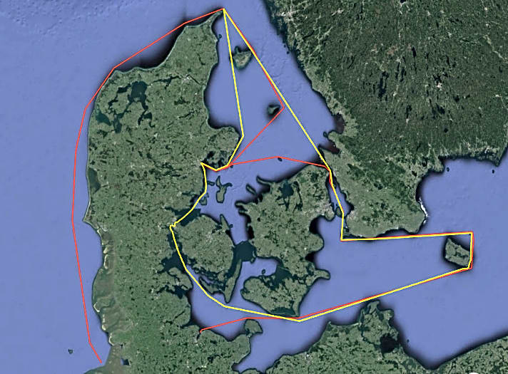   Die beiden Routen sollen alternierend alle zwei Jahre gesegelt werden. Der Inshore-Kurs führt über rund 650 Seemeilen (gelb), der Offshore-Kurs über rund 890 Seemeilen (rot)