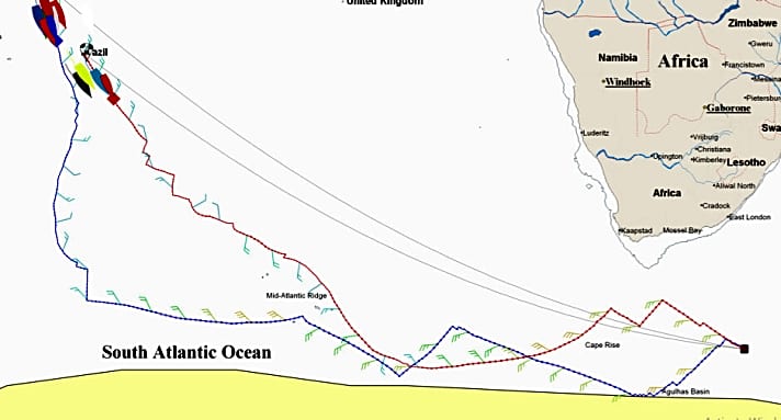   Abbildung 3: So sehen die möglichen Routings aus. Die rote Kurslinie ist die direkte, von den Führenden  absehbar favorisierte Route, die blaue die südliche und längere Option, um westlich des Hochdrucks zu segeln    