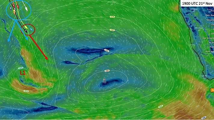   Abbildung 1: Druckverteilung und Wind im Südatlantik. Das Tief  L1 im Westen wird langsam nach Osten ziehen und im Sankt-Helena-Hoch aufgehen. Die führenden Boote (roter Kreis) versuchen, sich in das Tief einzuklinken und das Beste aus dem schnellen Gegenwind zu machen 