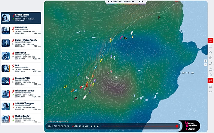   Die Zwischenstände am sechsten Tag auf See (14. November, morgens). Die beiden Skipper, die sich da aktuell optisch auf Kurs Sturmauge zu bewegen scheinen, sind Isabelle Joschke ("MACSF") und Kojiro Shiraishi ("DMG Mori Global One")