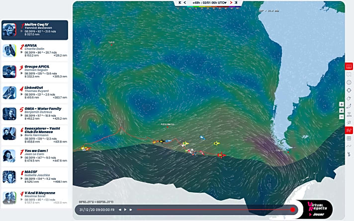  Interessante Vorschau: "Spult" man die Wetterprognosen um 48 Stunden nach vorne, ergibt sich für Samstag bei Kap Hoorn diese ungemütlich stürmische Aussicht – das Tief ist lilafarben zu erkennen