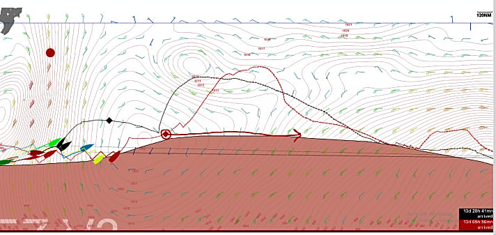  Abbildung 3: Das Idealszenario für Yannick Bestaven. Gelingt es dem Skipper von "Maitre Coq", östlich des nach Südosten ziehenden Hoches zu bleiben, profitiert er von einem schnellen Halbwindkurs entlang der Eisgrenze. Dieser wiederum könnte ihm erlauben, sich in an die Ausläufer eines weit im Südosten liegenden Tiefs zu heften – ein Jackpot, wenn's klappt