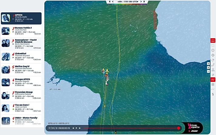   Die Positionen am Ende des 70. Tages auf See: Boris Herrmann setzt die beiden vor ihm liegenden Boote weiter unter Druck und hat seinen Rückstand auf 27 Seemeilen verkürzt. Die Grafik zeigt es: die führenden Boote haben den Äquator gekreuzt