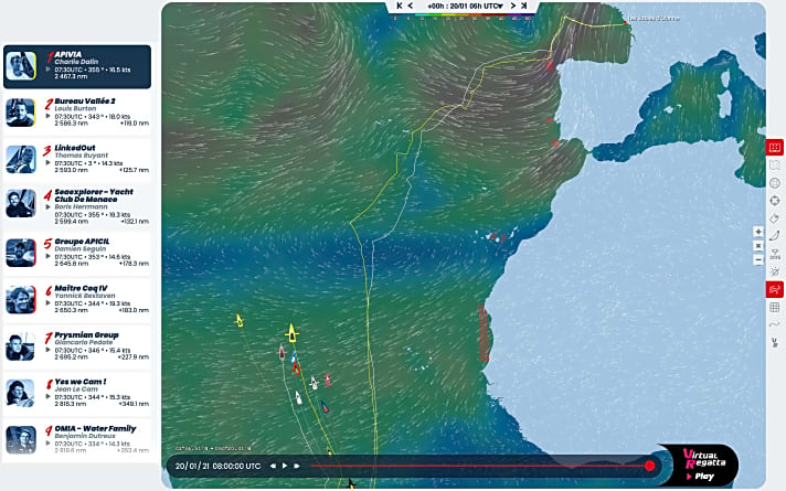   Tracking und Positionen gegen Ende des 73. Tages auf See (20. Januar, 7 Uhr deutscher Zeit). Klar zu erkennen ist das Azoren-Hoch, das wie eine kleine Mauer vor den führenden Booten lliegt…