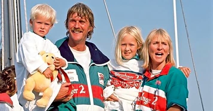   Sir Peter Blake mit Ehefrau Pippa und den Kindern als "Steinlager 2"-Skipper im Whitbread Round the World Race