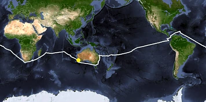   Die Route: Von Fremantle an der australischen Westküste aus segelte Sanders westwärts via den Panamakanal um die Welt 