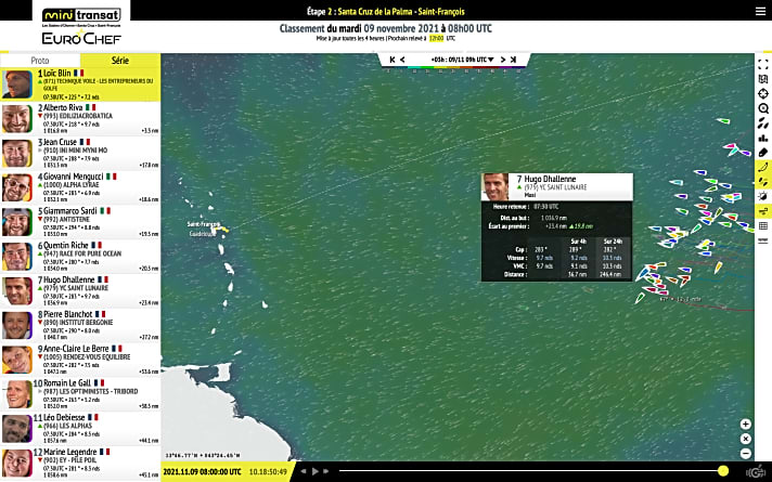   Auf diesem Screenshot gut zu sehen: Der ebenfalls um den Gesamtsieg in der Serienboot-Wertung kämpfende Franzose Hugo Dhallenne setzt auf die Süd-Route