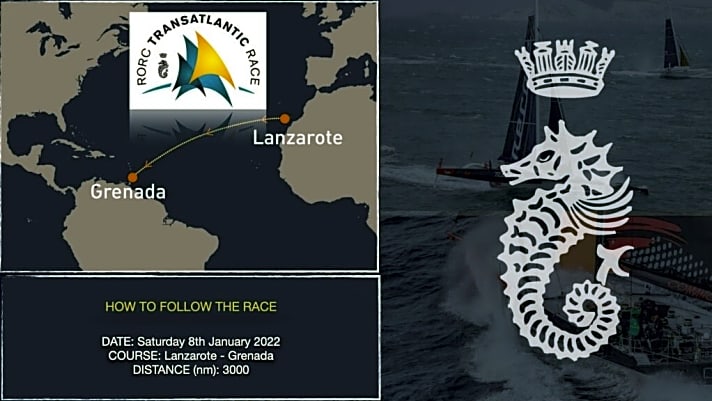   Der Kurs, das RORC-Wappen des Veranstalters und die Eckdaten für das Rennen über den Atlantik
