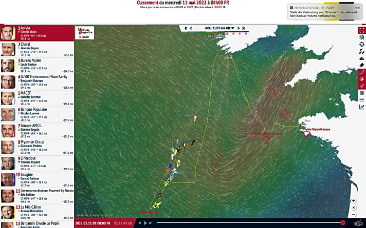   Auf dem Screenshot vom Tracking gut zu sehen: Charlie Dalins "Apivia" ist schon auf die Zielgerade nach Brest eingebogen, die Verfolger streben noch der letzten großen Bahnmarke entgegen
