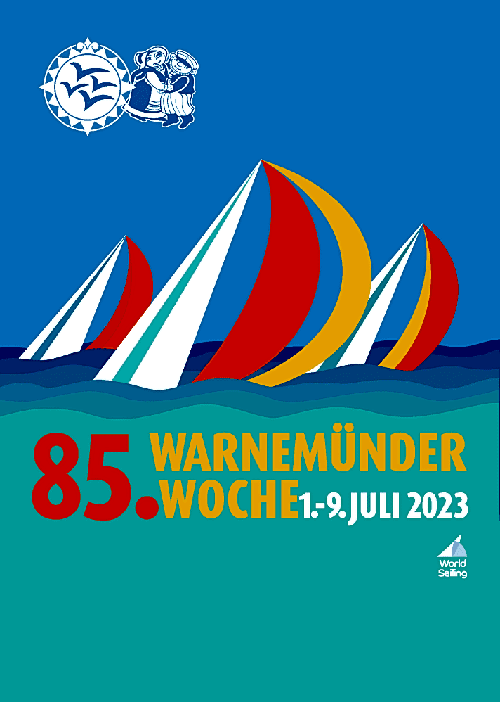   Bei der 84. Warnemünder Woche vorgestellt: das Plakat für die 85. Warnemünder, die vom 1. bis zum 9. Juli 2023 stattfindet. 2026 wird die Warnemünder Woche übrigens ihren 100. Geburtstag feiern