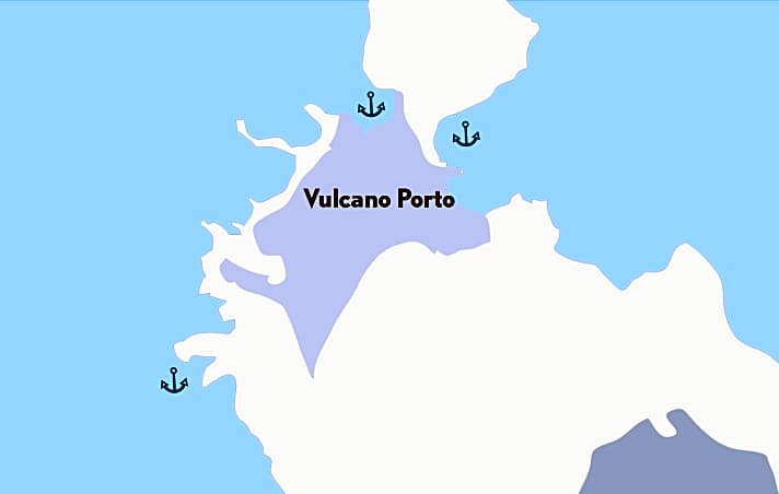   2. Vulcano   Relativ geschützt ankert es sich östlich und westlich der Landenge vor Vulcanello. Südlich davon liegt die Grotta del Cavallo mit Ankerbucht