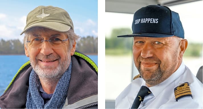   Helge von der Linden (l.) ist Vorsitzender des Yachtclub Wesel und einer der Rheinwoche-Organisatoren, Edwin Bosma ist Kapitän des Regattabegleitschiffs. Er sorgt für gute Stimmung auf dem Wasser und an Land