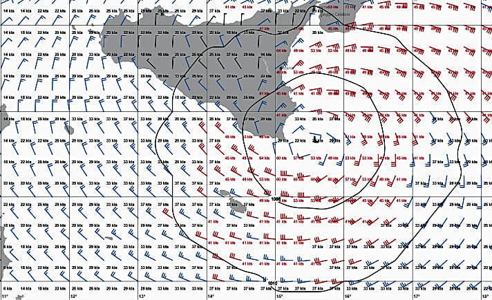 Diese Grafik beruht auf Grib-Daten. Sie zeigt ein Tief vor Sizilien mit Wind bis 64 Knoten, das kurz davor ist, sich zu einem Medicane auszuwachsen