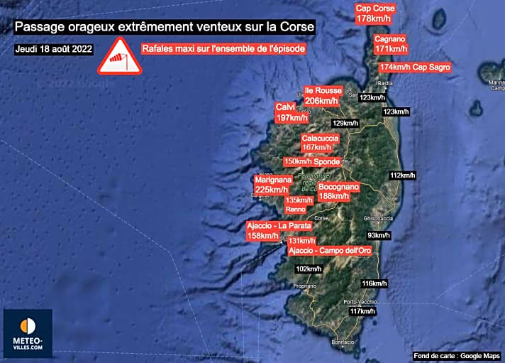 Die gemessenen Windgeschwindigkeiten bei dem Gewittersturm auf Korsika. Selbst an der Ostküste, die von Bergen geschützt ist, erreichten sie Orkanstärke | Grafik: Google Maps/Meteo-villes.com