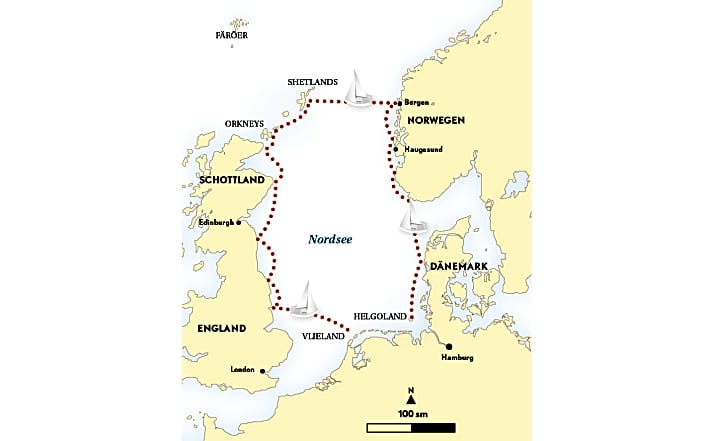 Mehr als 1.300 Seemeilen in fünfeinhalb Wochen. Die Route von Philipp Hympendahl mit langen Etappen zwischen den meist kurzen Stopps
