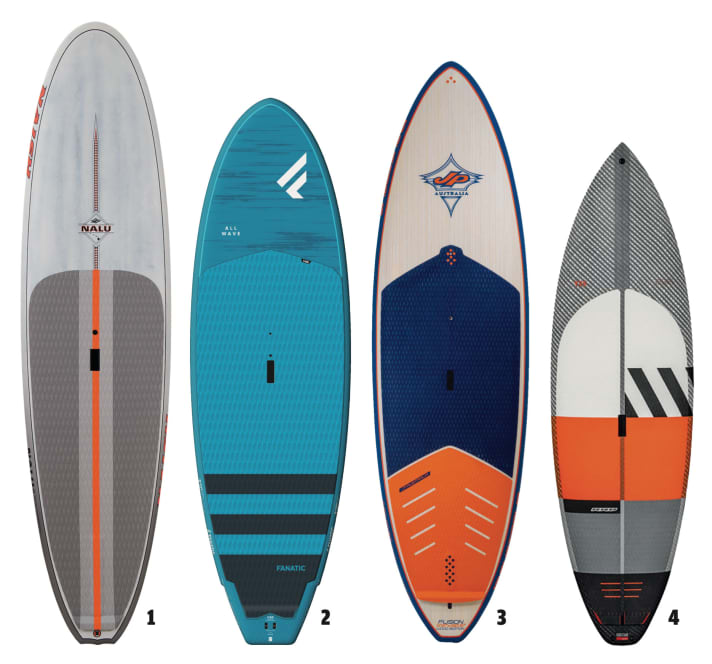 1 Performance-Longboard  Naish Nalu, 2 Stubbie-Shape Fanatic Allwave SUP, 3 Allroundboard  JP-Australia Fusion We 9’8” Surf SUP, 4 Short Board RRD I-Wave 8’4” Ltd.