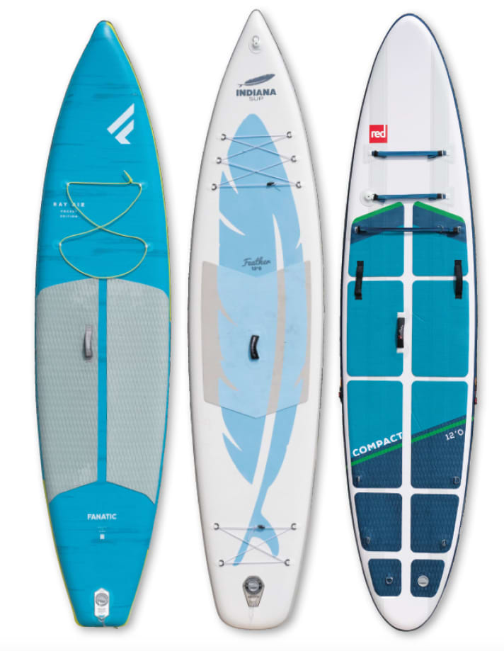 von links nach rechts: Fanatic Ray Air Pocket 11’6” x 31,0”,  Indiana Feather 11’6” x 30,0”, Red Paddle Compact 12’0” x 32,0”