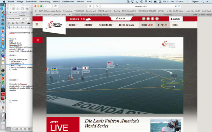   Szene vom ersten Tag der ACWS-Regatta im Oman: Grafische Elemente und markierte Boote verhelfen den Zuschauern zu einem guten Überblick über das Renngeschehen