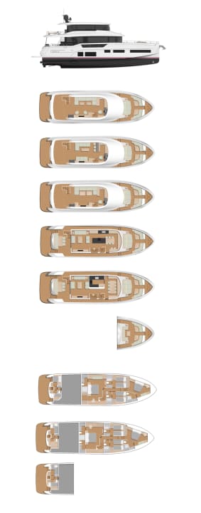 Galley: Instead of a cooking island, customers can also choose a classic L-shaped or U-shaped row.
The kitchen still remains open. Guests spend the night on the lower deck, including owners. In the VIP, the bed is at an angle. The crew can reach their berth via a deck hatch