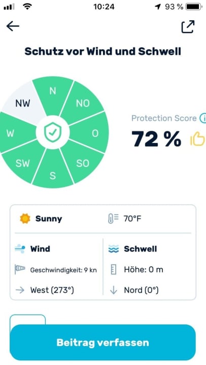  Für jeden Ankerplatz wird angezeigt bei welchen Windrichtungen er Schutz bietet und wie der Grund Beschaffen ist. Der Protection Score ergibt sich aus dem Abgleich mit der aktuellen Wettervorhersage