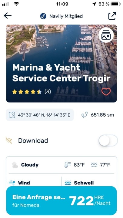   Wenn der Hafen Mitglied bei Navily ist, wird der Übernachtungspreis angezeigt und der Liegeplatz kann direkt gebucht werden