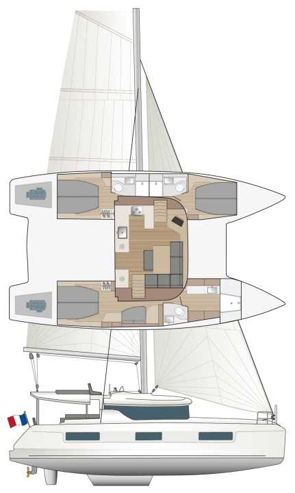 La versione a tre cabine con la cabina armatoriale a dritta. Con quattro cabine, entrambi gli scafi sono identici.