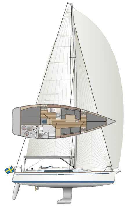 Le bateau n'est disponible qu'en version deux cabines, ce qui se traduit par une grande salle de bain et beaucoup d'espace de rangement pour le coffre arrière | Dessin : YACHT/N. Campe