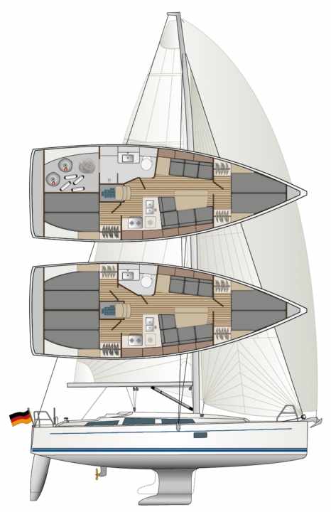 Die Wahl: zwei Achterkammern und kleine Nasszelle oder eine Heckkabine, Backskiste und Bad mit Extra-Dusche | Zeichnung: YACHT/N. Campe