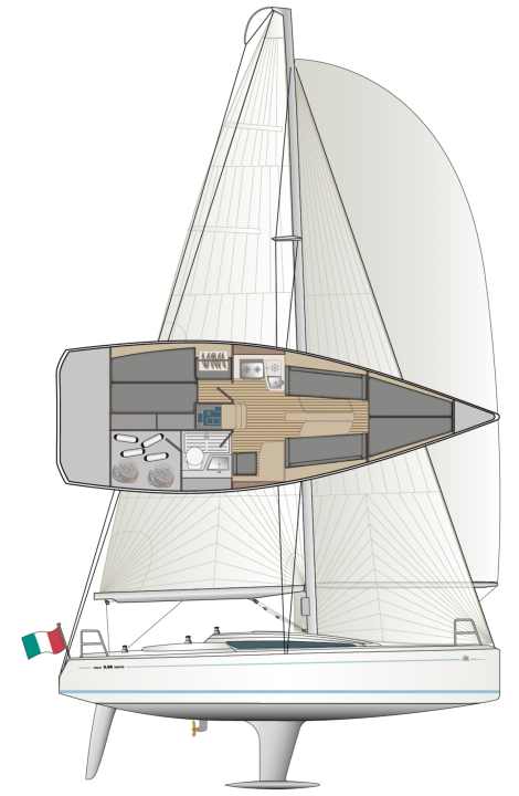 A matter of measurement: high freeboard, deep and slender appendages, moderate sail area. A gennaker is available as an option